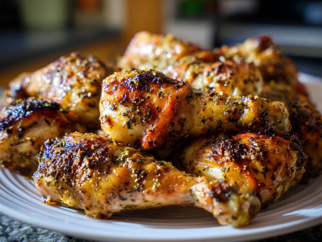 A close-up of a plate piled high with perfectly grilled lemon garlic drumsticks, seasoned with herbs.