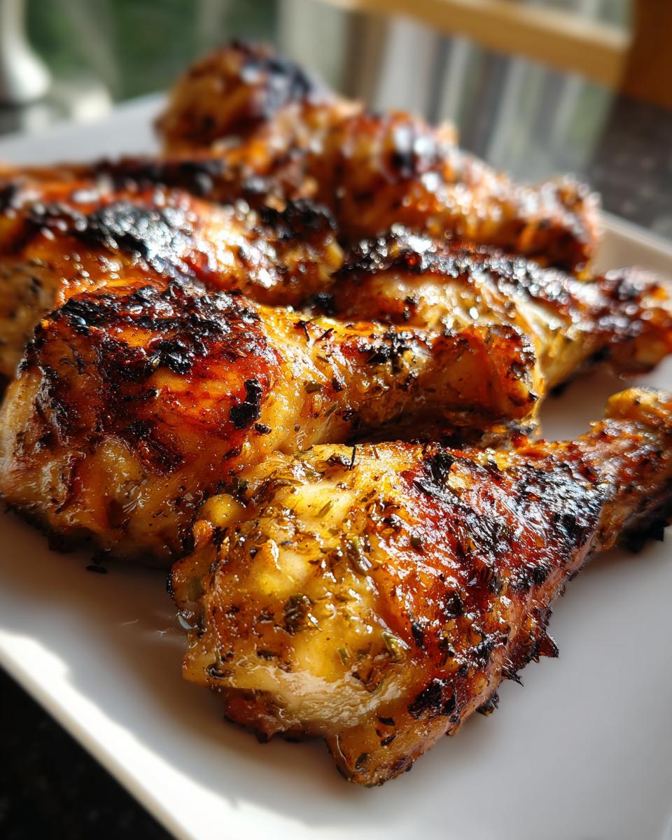 Close-up of perfectly grilled lemon garlic drumsticks, glistening and slightly charred, ready for a cookout.