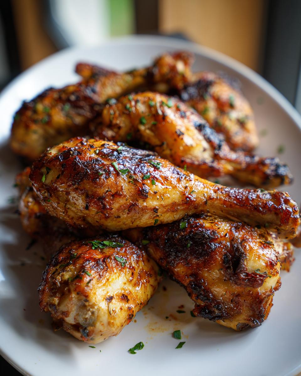 A close-up of perfectly grilled lemon garlic drumsticks, seasoned and garnished with parsley, ready for a family cookout.