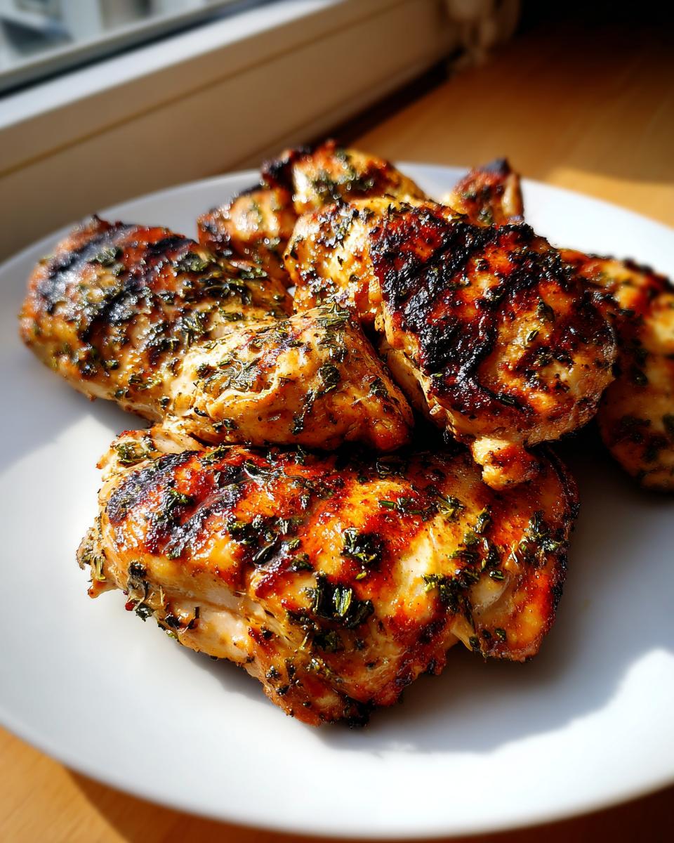 Close-up of juicy lemon herb grilled chicken breasts on a white plate, seasoned with herbs.