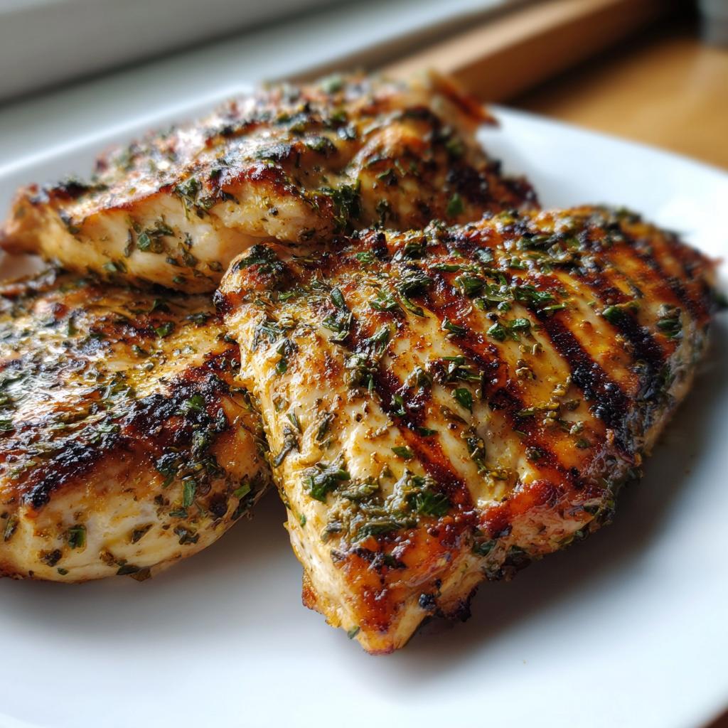 Three juicy lemon herb grilled chicken breasts with char marks and visible herbs on a white plate.