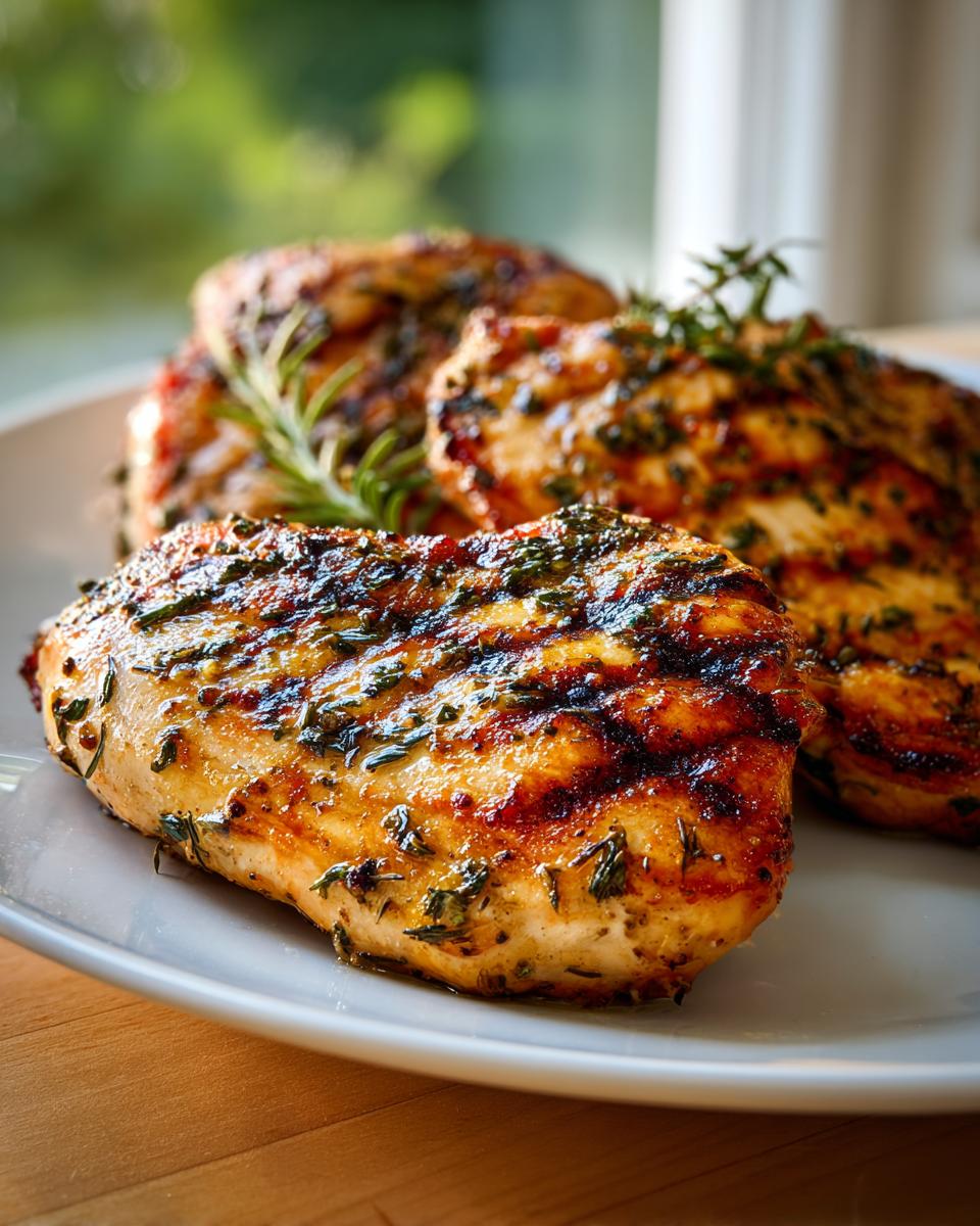 Close-up of juicy lemon herb grilled chicken breasts on a white plate, garnished with rosemary.
