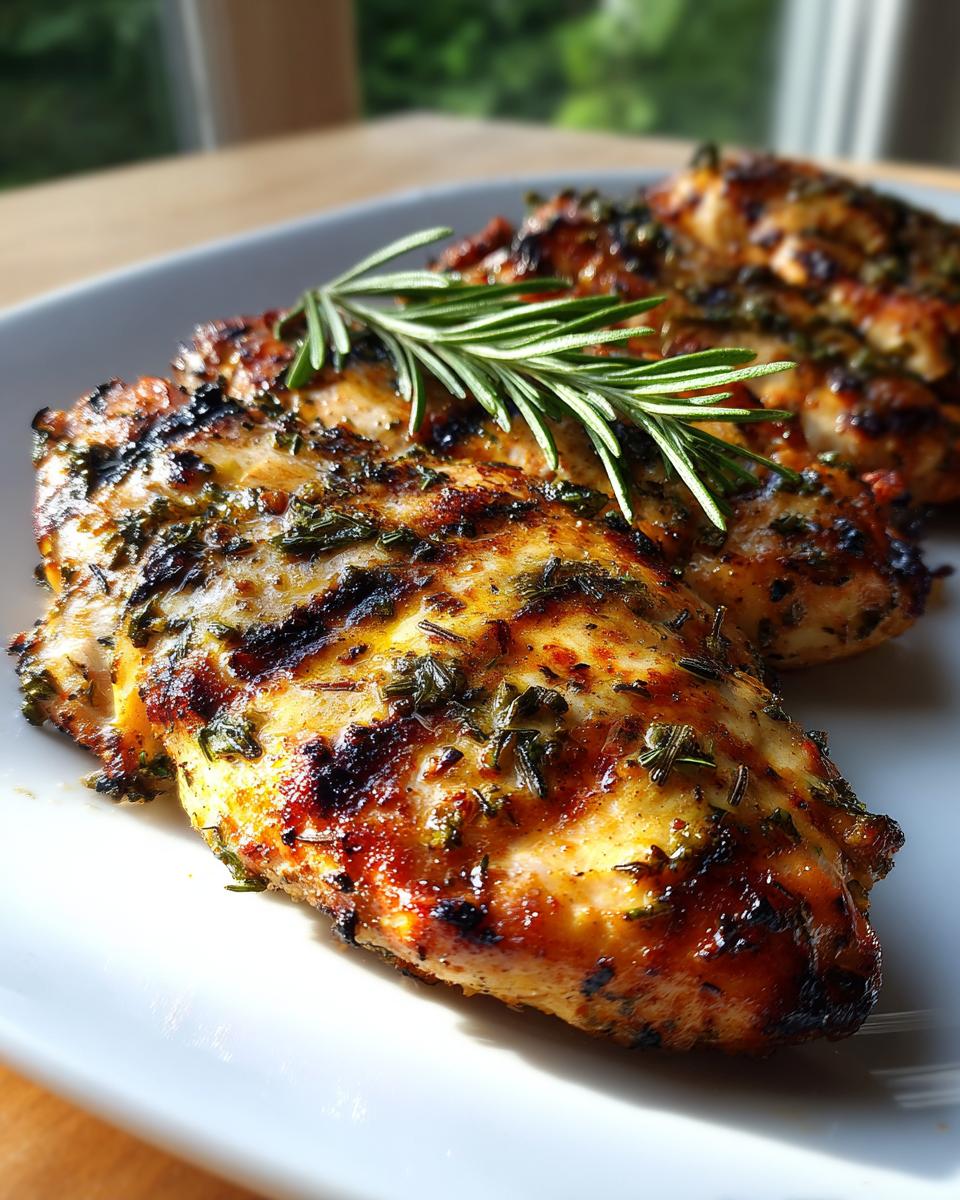 Close-up of perfectly grilled lemon herb chicken breasts on a white plate, garnished with fresh rosemary.