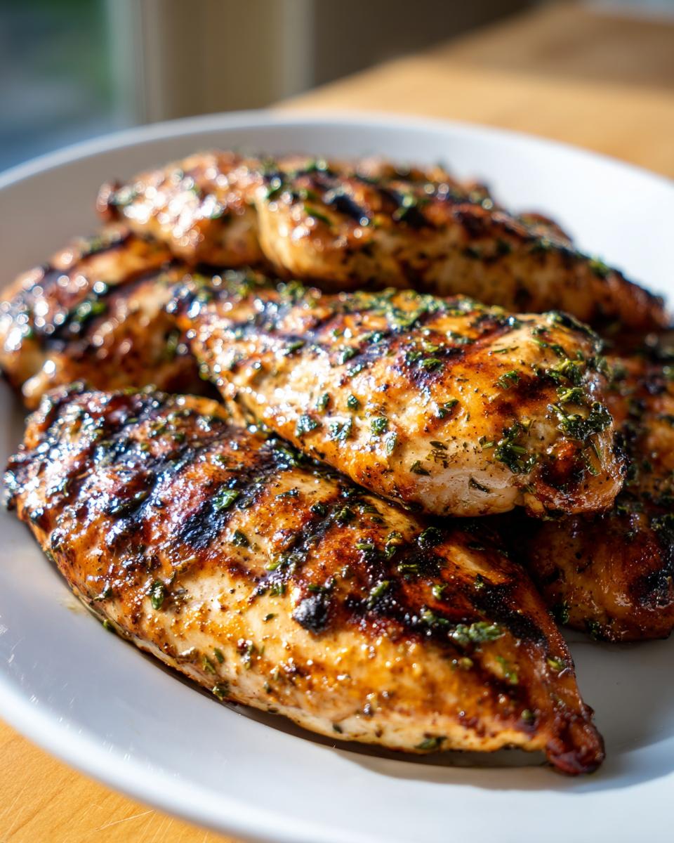Close-up of perfectly grilled lemon herb chicken breasts, seasoned and juicy, served on a white plate.