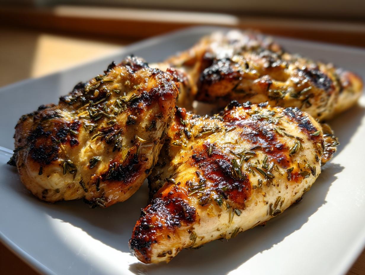 Close-up of three juicy lemon herb grilled chicken breasts on a white plate, seasoned with herbs.