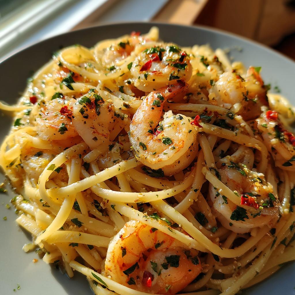Close-up of a plate of lemon shrimp linguine pasta, featuring plump shrimp and fresh parsley.