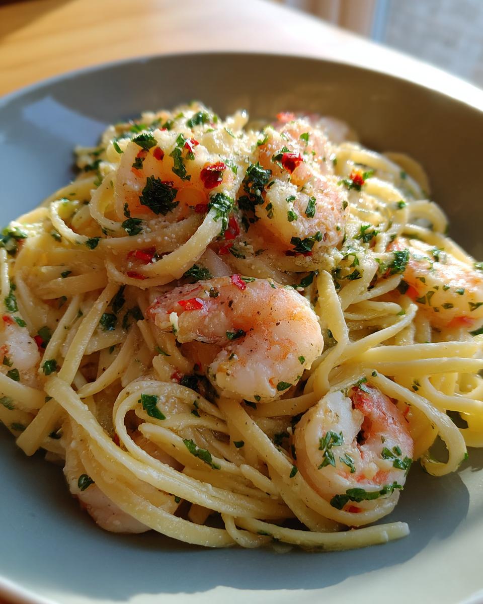 A close-up of a bowl of Lemon Shrimp Linguine pasta, featuring linguine noodles, plump shrimp, and fresh parsley.