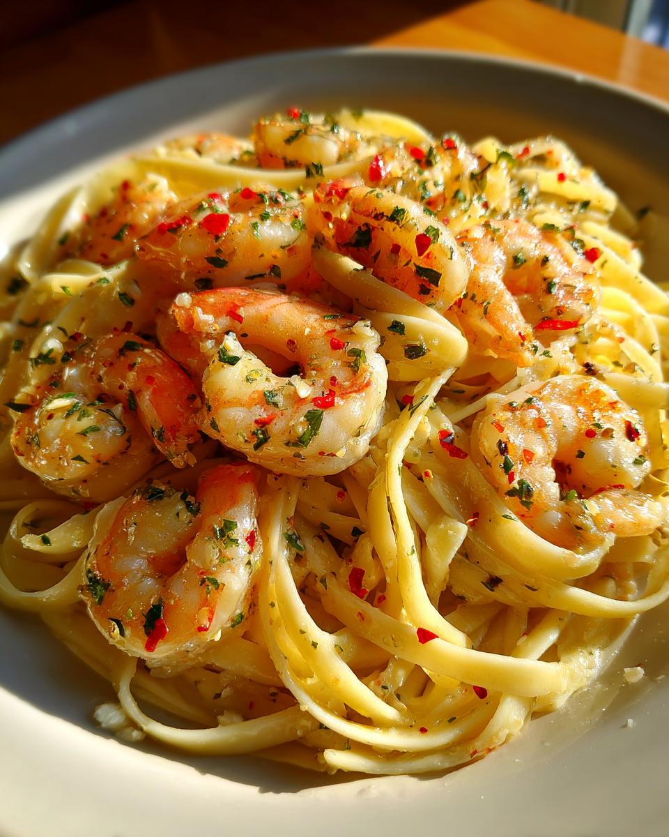 Close-up of delicious Lemon Shrimp Linguine pasta, featuring plump shrimp and linguine noodles with herbs and red pepper flakes.