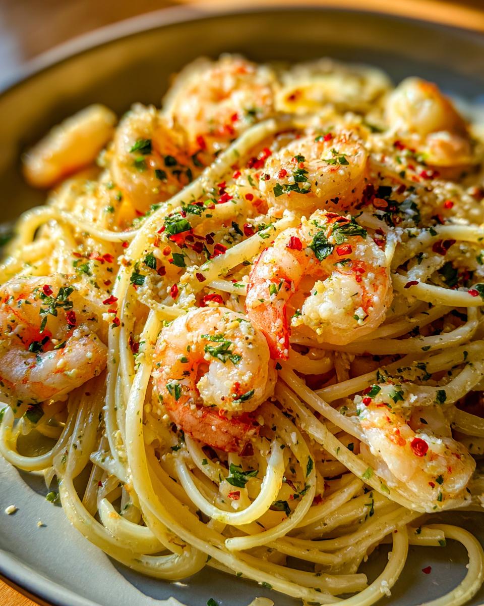 A close-up of lemon shrimp linguine pasta, featuring plump shrimp, linguine noodles, and a sprinkle of herbs and chili flakes.