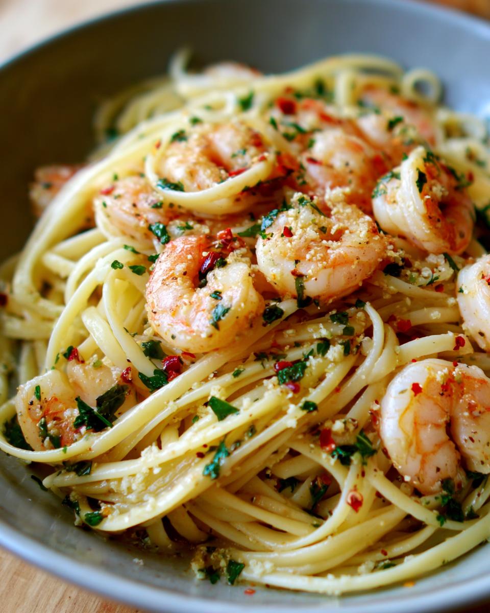 Close-up of lemon shrimp linguine pasta with garlic, parsley, and chili flakes.