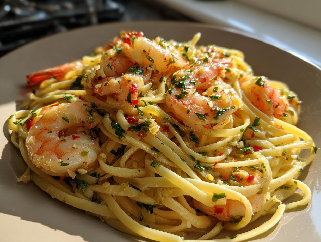 A close-up of a plate of lemon shrimp linguine pasta, featuring plump shrimp and fresh herbs.
