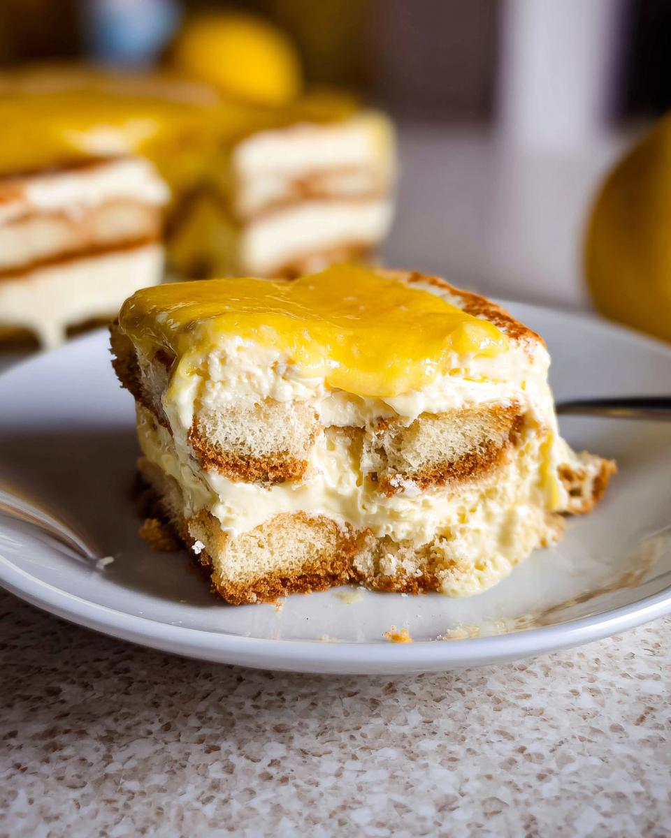 A close-up of a slice of creamy Lemon Tiramisu, layered with ladyfingers and topped with bright lemon curd.