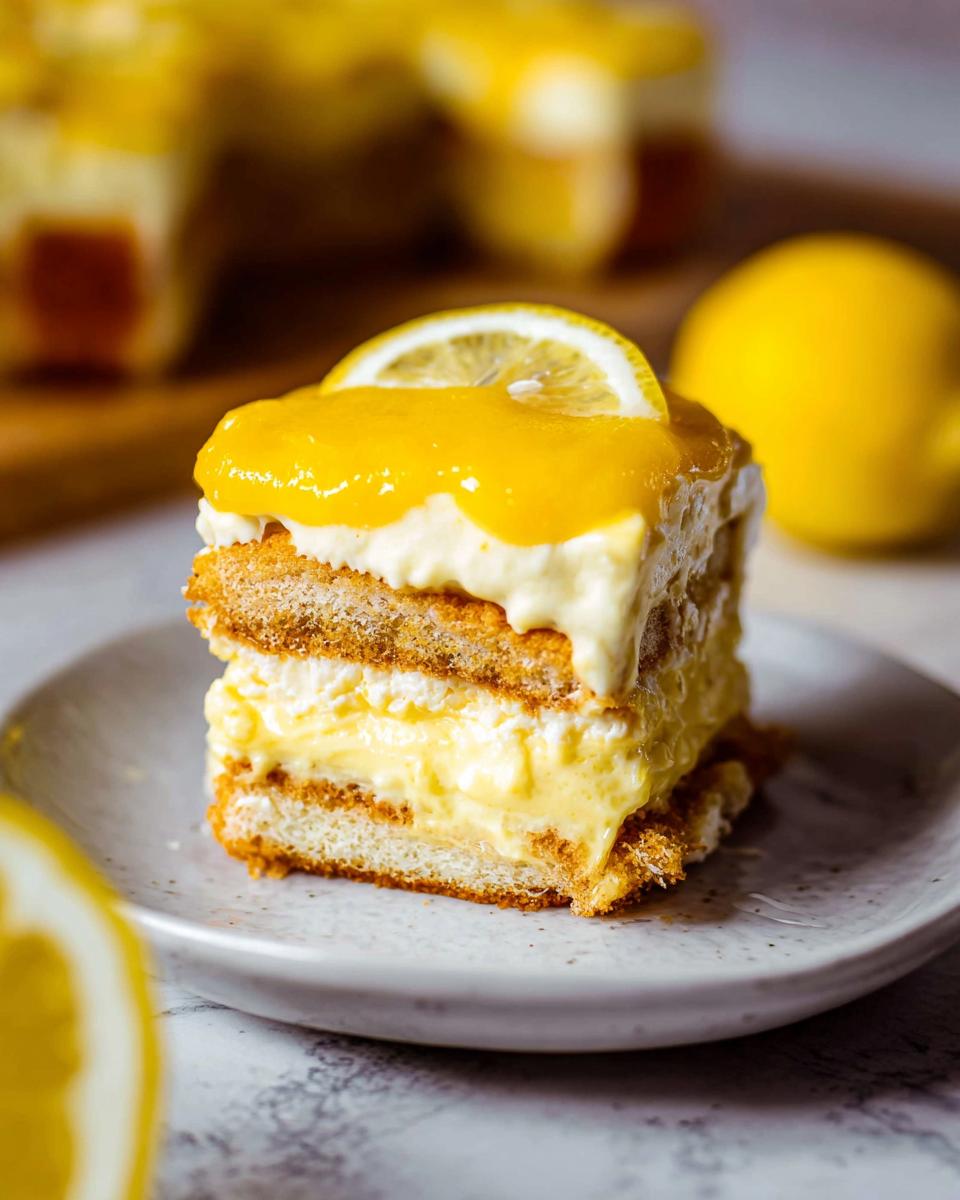 A close-up of a slice of Lemon Tiramisu, showing layers of ladyfingers, cream, and lemon curd, topped with a lemon slice.
