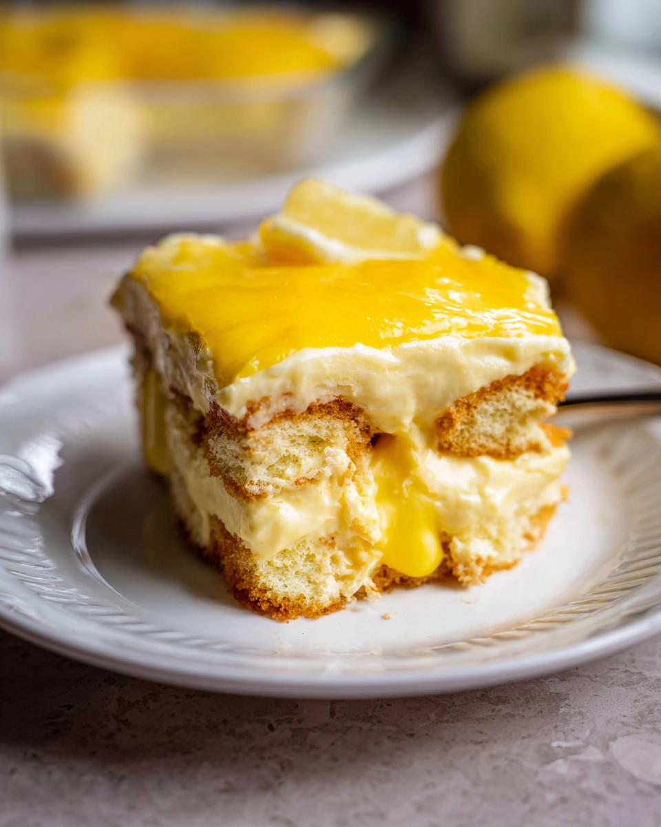 A decadent slice of Lemon Tiramisu on a white plate, showing layers of ladyfingers and creamy lemon filling.