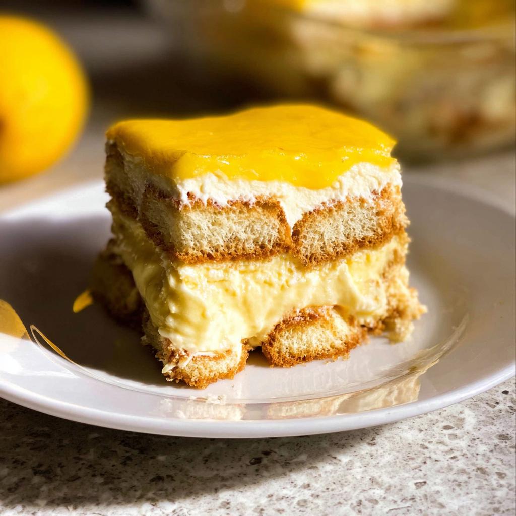 A tempting slice of Lemon Tiramisu dessert on a white plate, featuring layers of ladyfingers and creamy lemon filling, topped with a bright yellow lemon curd.