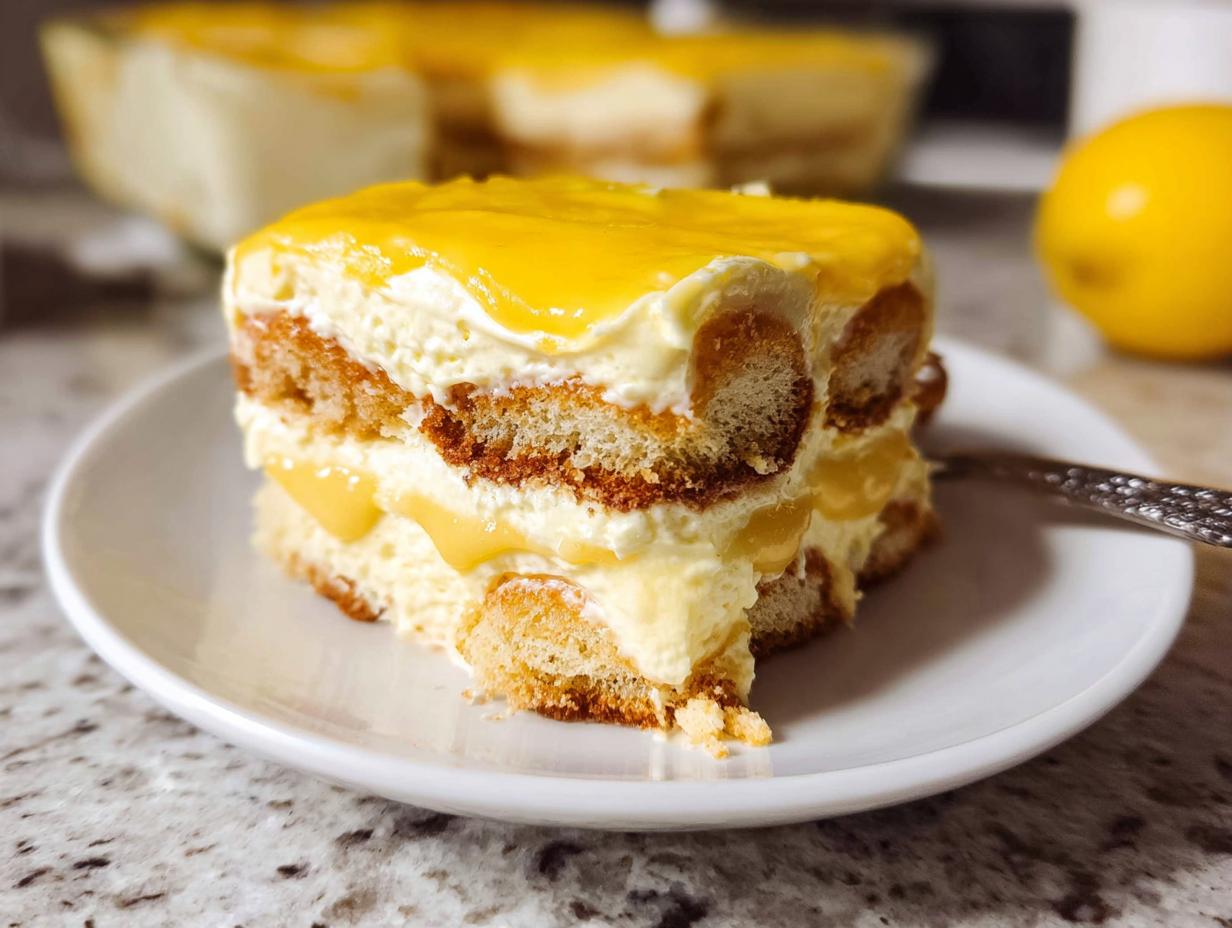 A slice of creamy Lemon Tiramisu dessert with ladyfingers, lemon curd, and mascarpone cream, topped with a bright yellow glaze.