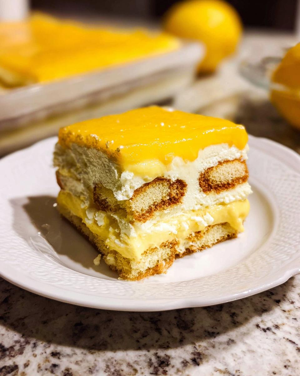 A slice of bright yellow Lemon Tiramisu dessert with layers of ladyfingers and cream on a white plate.