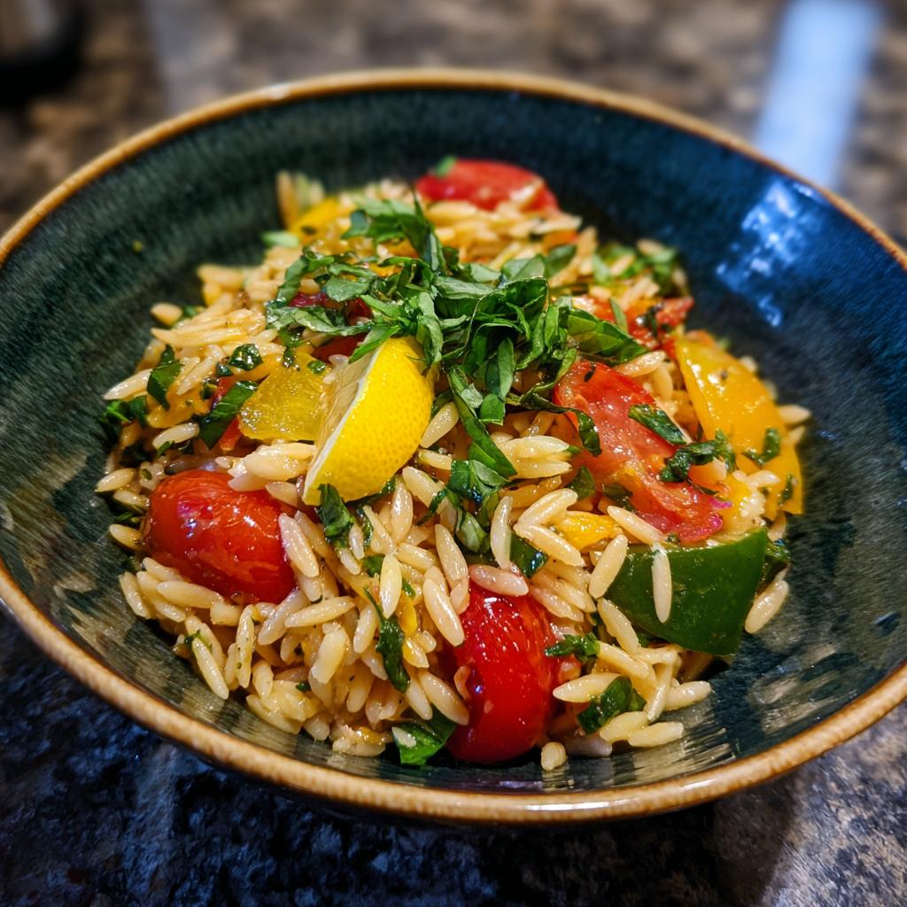 A close-up of a bowl of lemony orzo salad with fresh veggies, cherry tomatoes, bell peppers, and herbs.