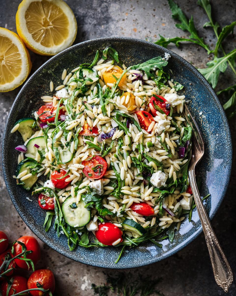 A vibrant bowl of Lemony Orzo Salad with Fresh Veggies, featuring orzo pasta, cherry tomatoes, cucumber, feta, and arugula.