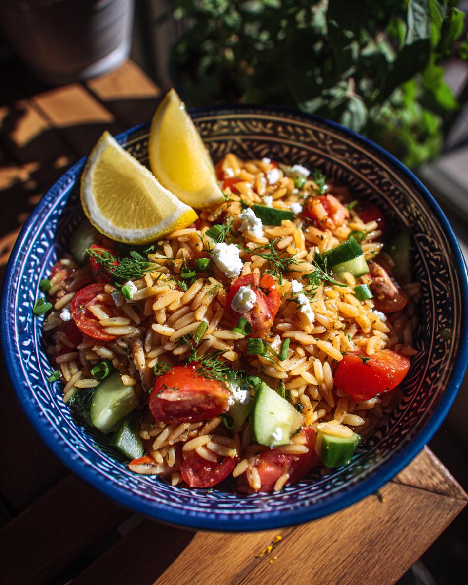 A vibrant bowl of Lemony Orzo Salad with fresh veggies, cherry tomatoes, cucumber, feta cheese, and lemon wedges.
