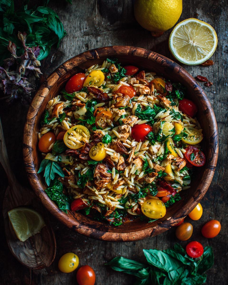 A wooden bowl filled with lemony orzo salad featuring cherry tomatoes, shredded chicken, and fresh herbs.
