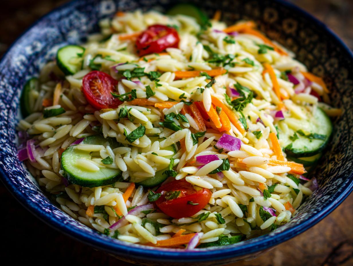 A vibrant bowl of lemony orzo salad with fresh cucumber, cherry tomatoes, shredded carrots, red onion, and parsley.