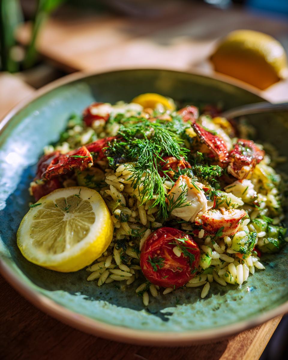 A close-up of lemony orzo salad with fresh veggies, lobster pieces, cherry tomatoes, and a lemon slice.