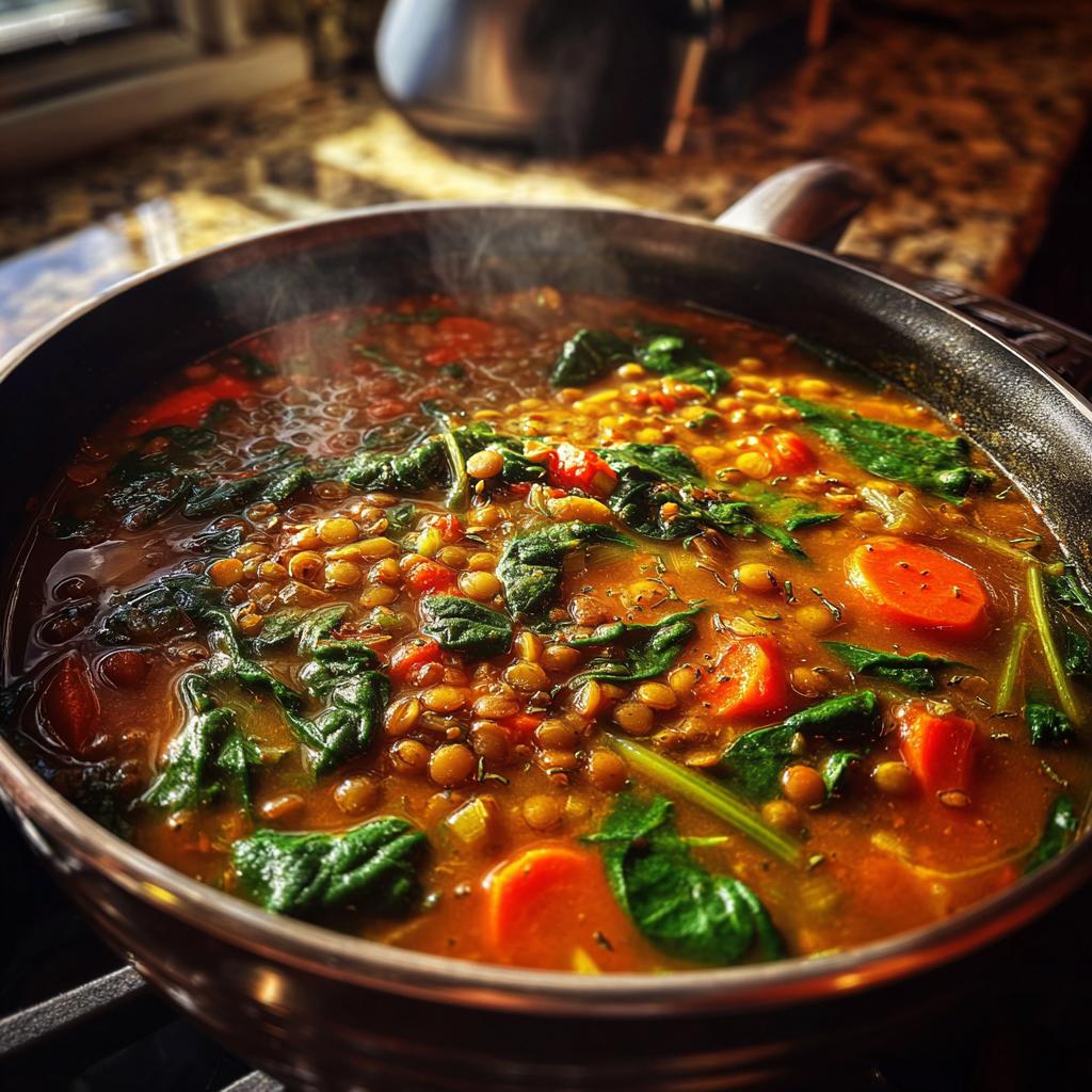 A steaming pot of hearty lentil vegetable soup with carrots, spinach, and tomatoes, perfect for meal prep.