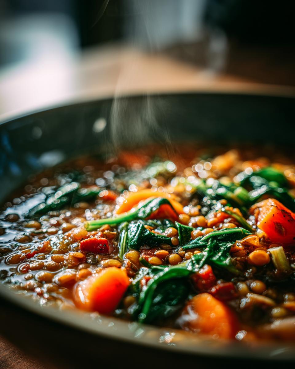 Close-up of steaming lentil vegetable soup with carrots and spinach, perfect for meal prep.