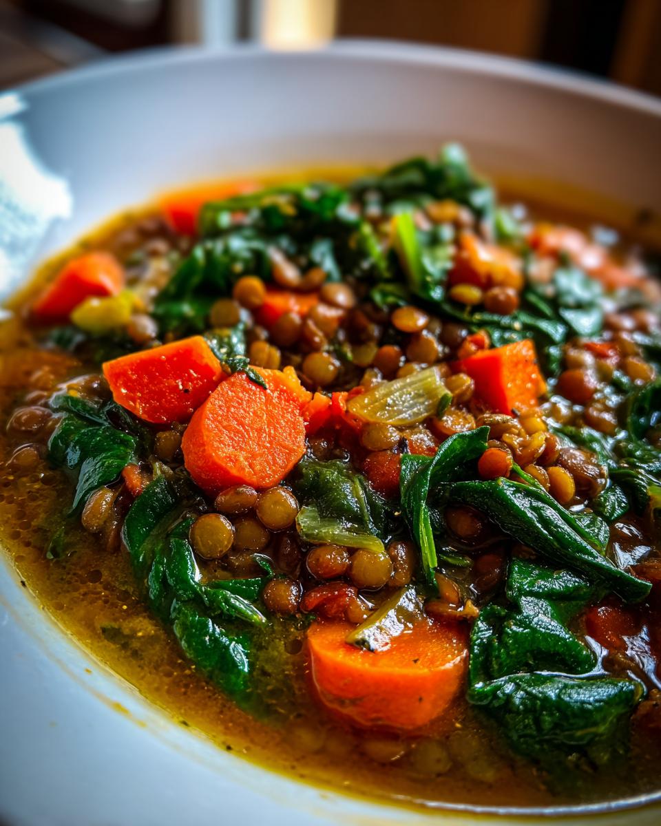Close-up of a bowl of hearty lentil vegetable soup with carrots and spinach, perfect for meal prep.