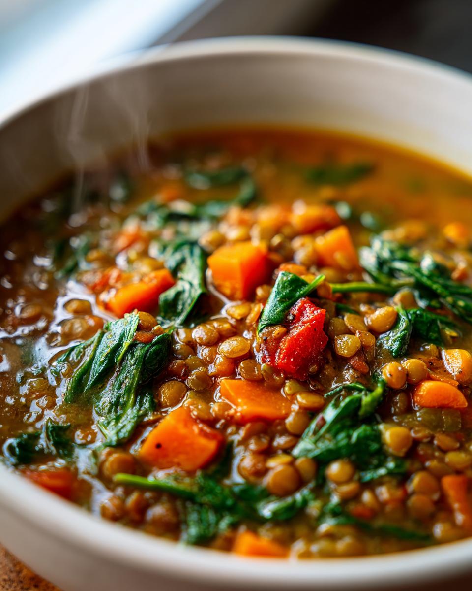 Close-up of a steaming bowl of lentil vegetable soup with carrots, spinach, and tomatoes, perfect for meal prep.