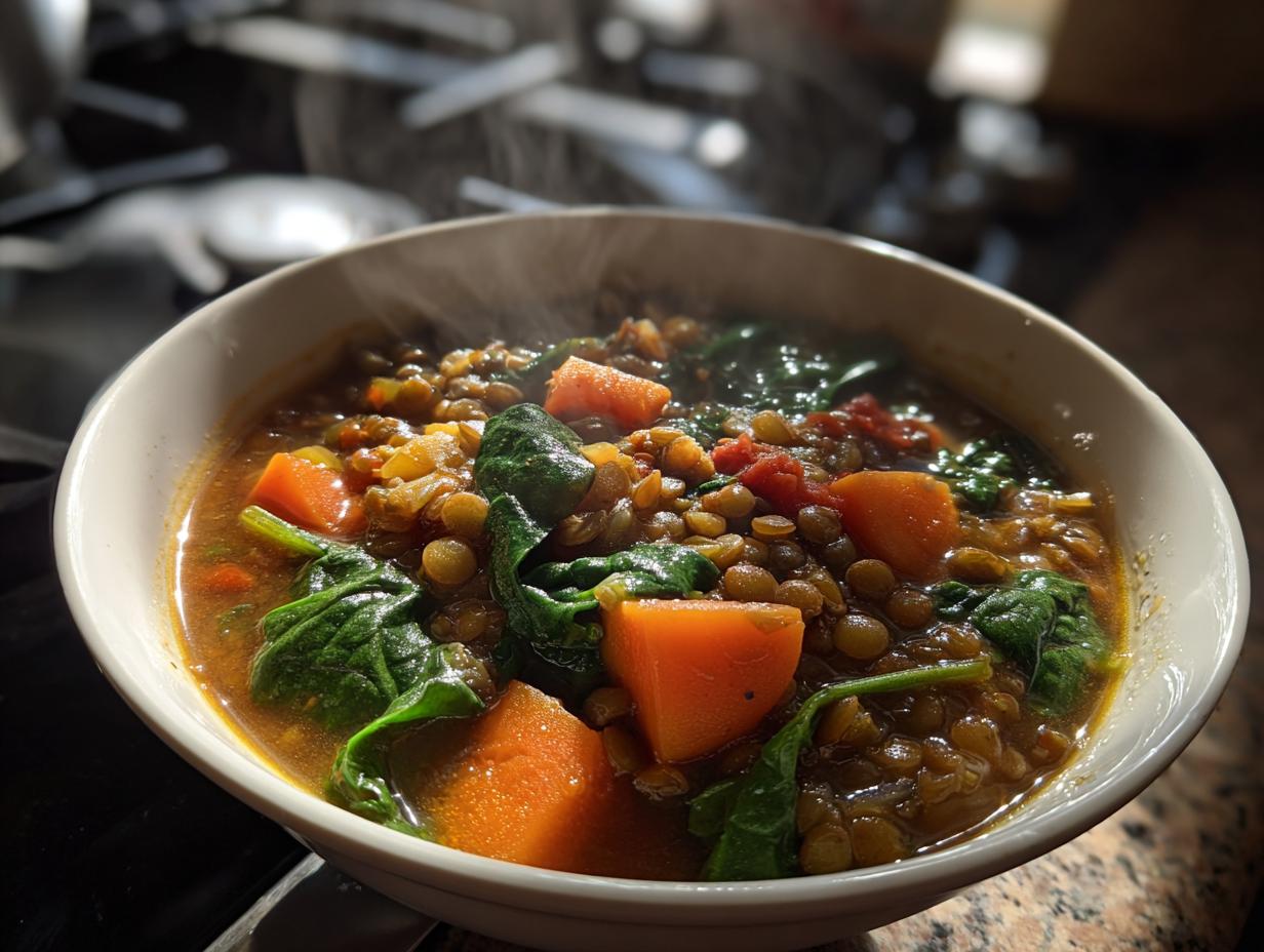 A steaming bowl of lentil vegetable soup, featuring lentils, carrots, spinach, and tomatoes, perfect for meal prep.