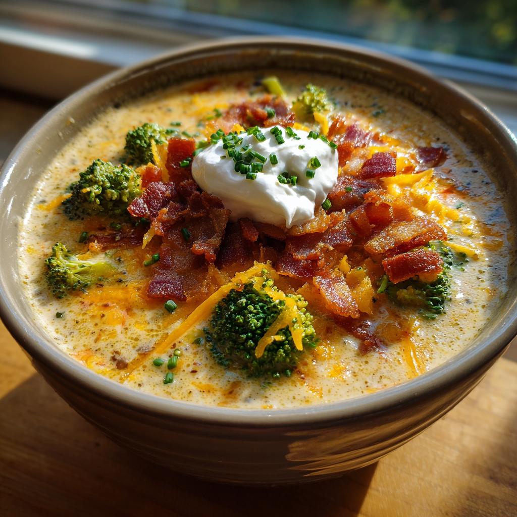 A hearty bowl of loaded broccoli cheddar soup topped with bacon, shredded cheese, and a dollop of sour cream.