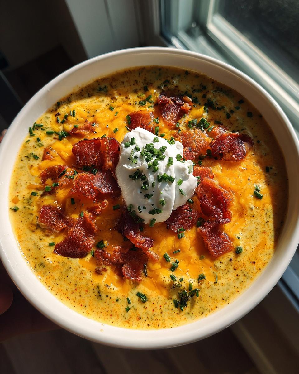 A bowl of loaded broccoli cheddar soup topped with crispy bacon, melted cheddar cheese, sour cream, and chives.