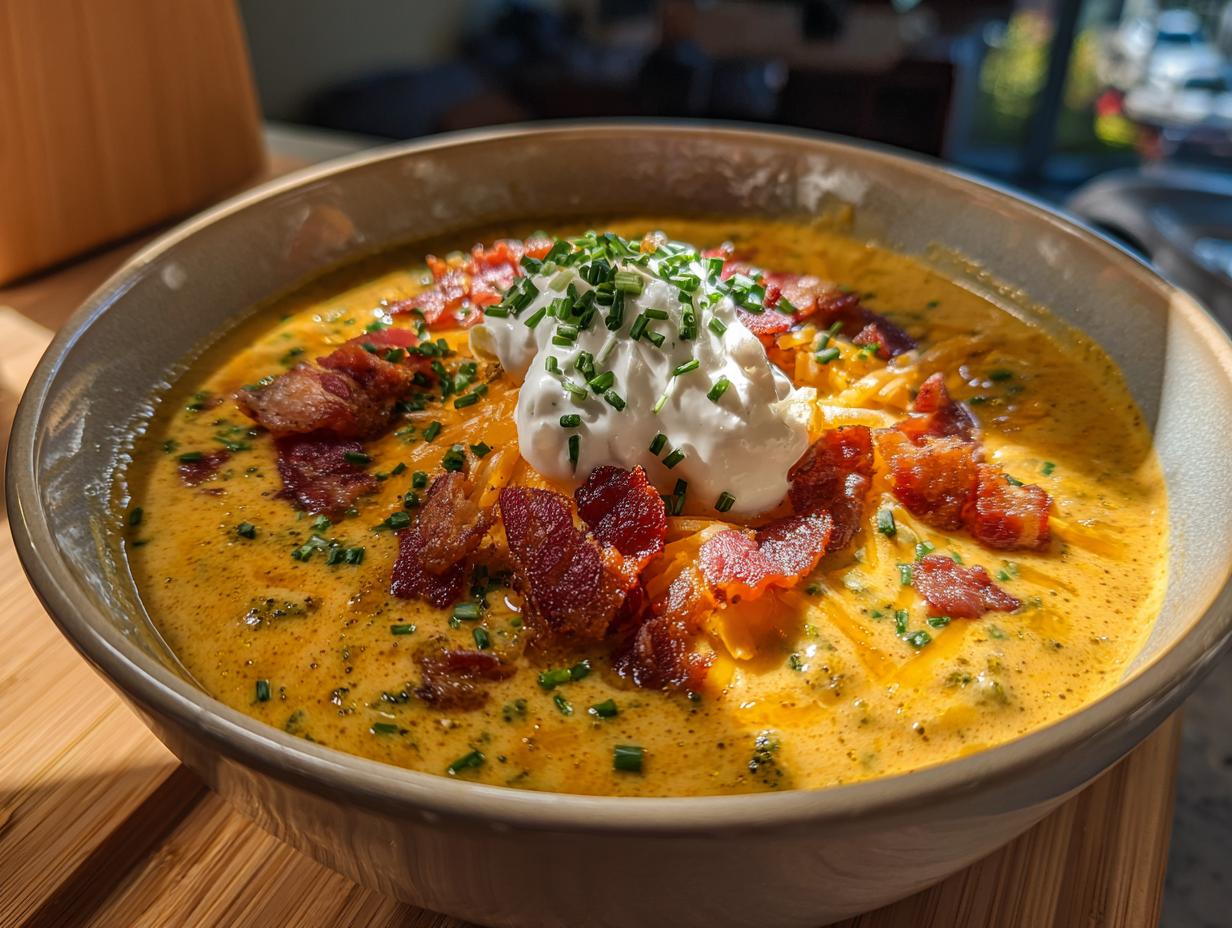 A bowl of loaded broccoli cheddar soup topped with crispy bacon, shredded cheese, sour cream, and chives.