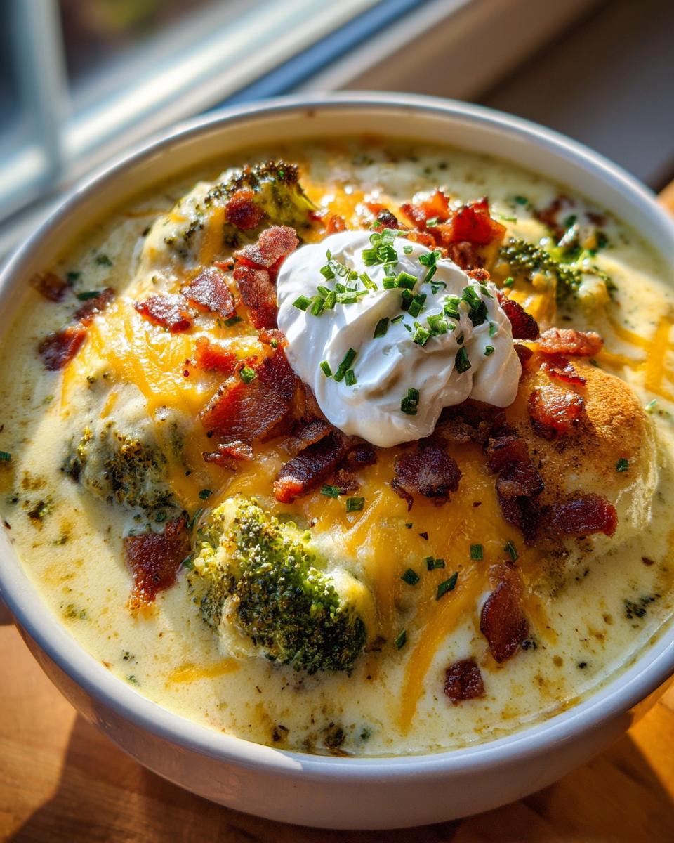 A bowl of loaded broccoli cheddar soup topped with sour cream, chives, bacon bits, and melted cheddar cheese.