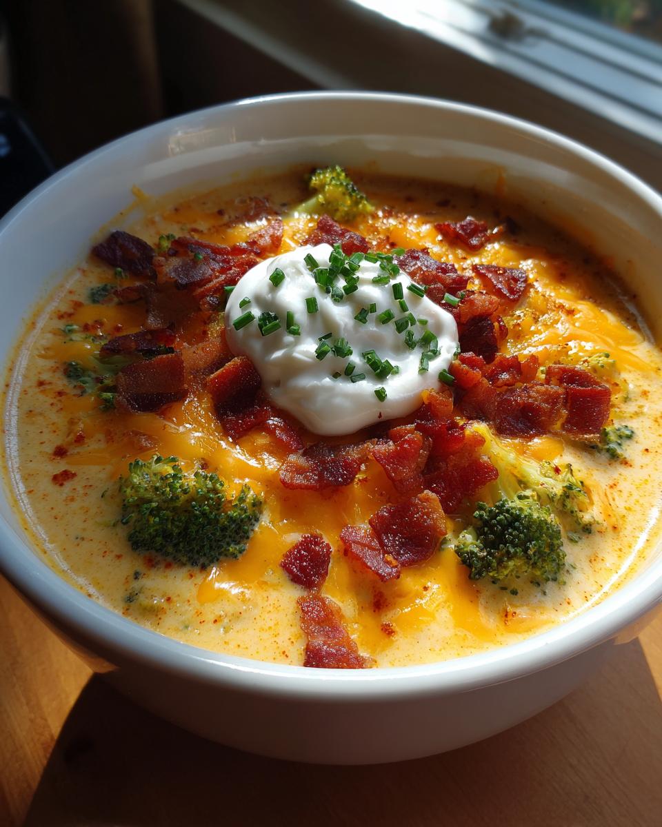 A hearty bowl of loaded broccoli cheddar soup topped with sour cream, bacon bits, and chives.