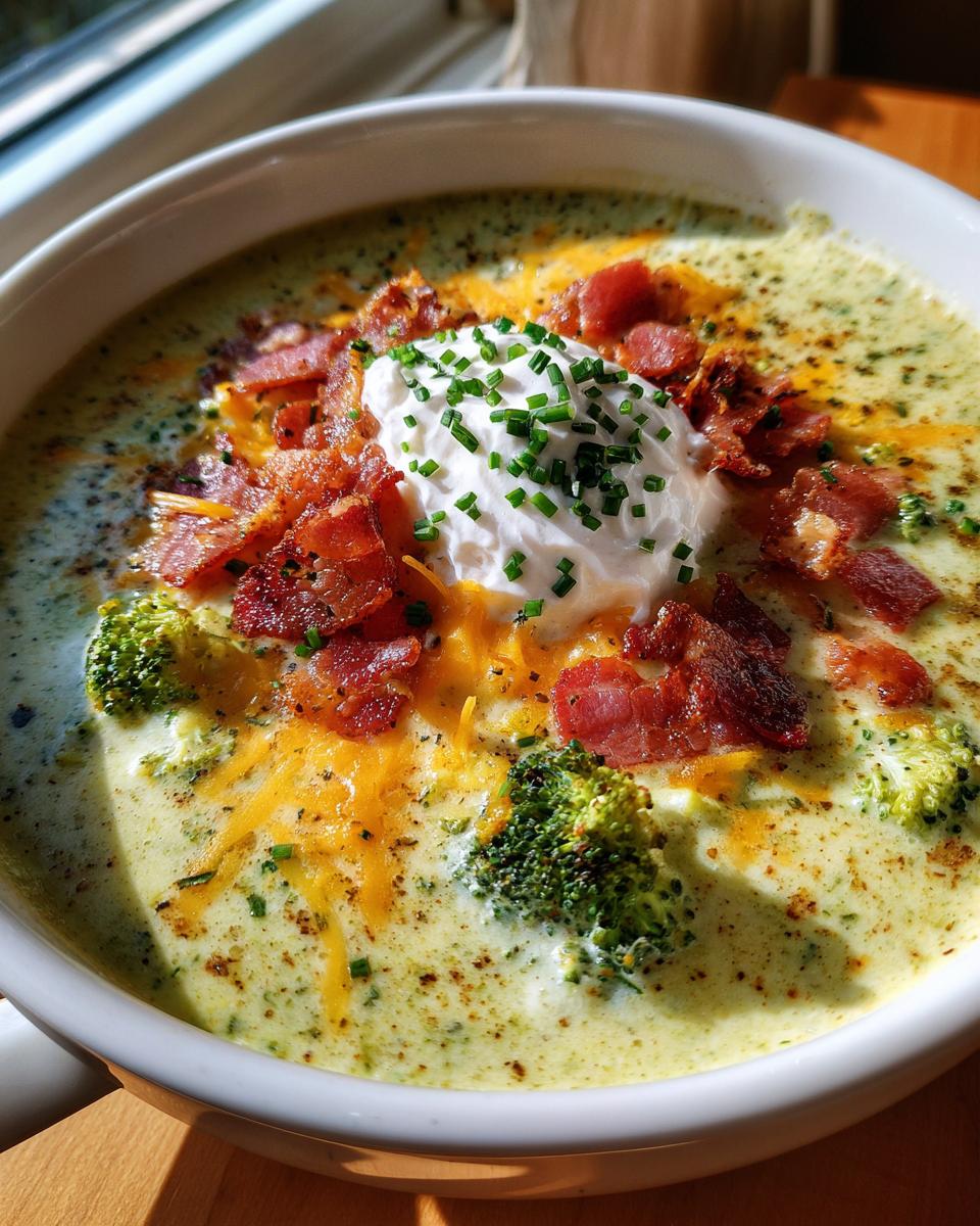 A comforting bowl of loaded broccoli cheddar soup, topped with bacon, sour cream, cheese, and chives.