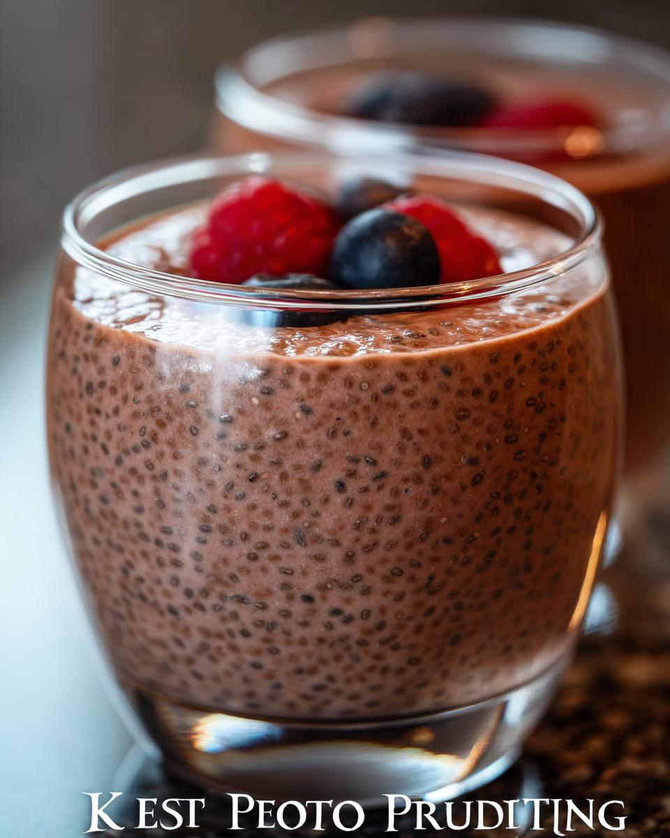 Close-up of a glass of chocolate low carb protein pudding topped with fresh raspberries and blueberries.