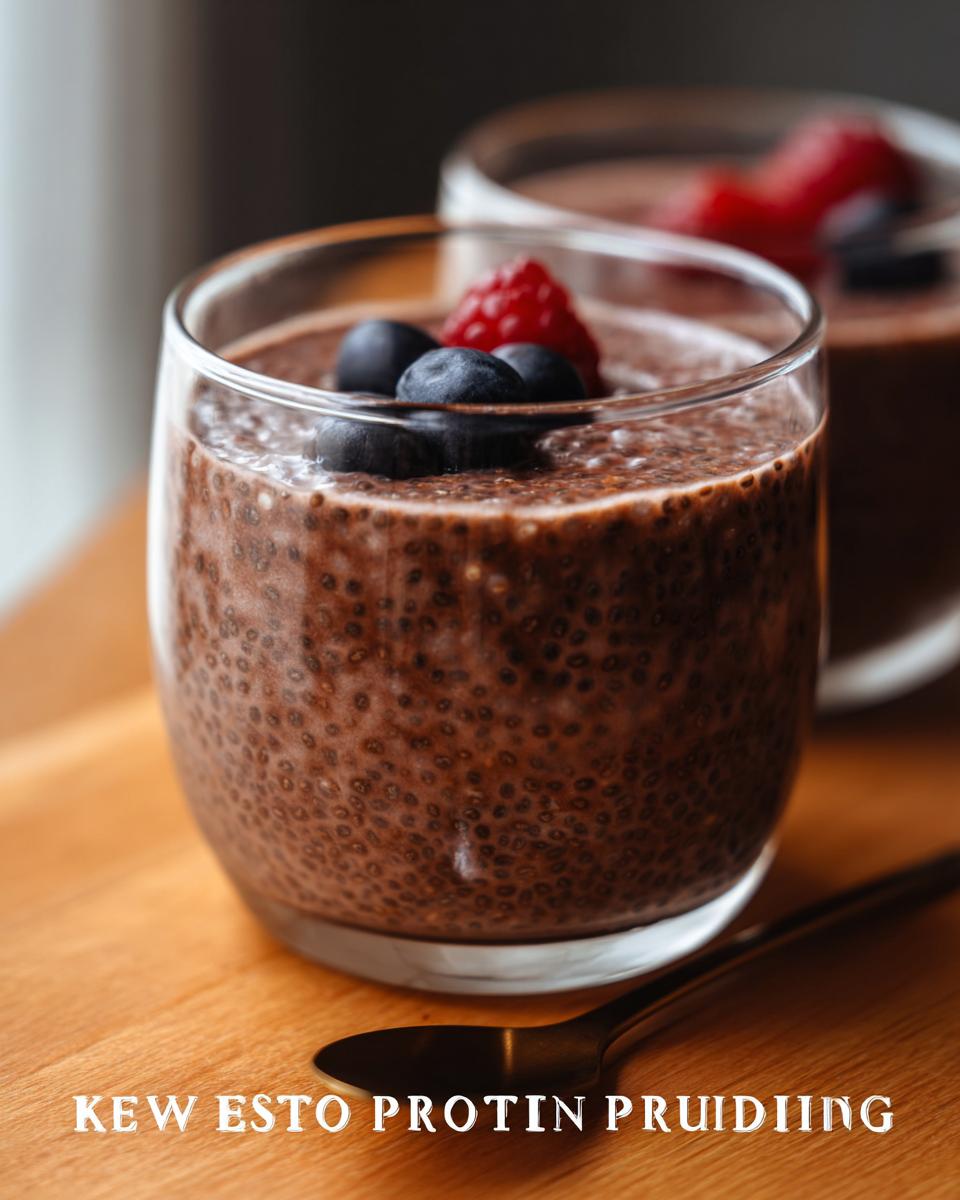 Close-up of a glass of Low Carb Protein Pudding topped with blueberries and a raspberry.