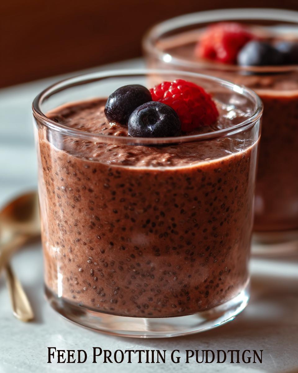 Close-up of a glass of chocolate Low Carb Protein Pudding topped with blueberries and a raspberry.