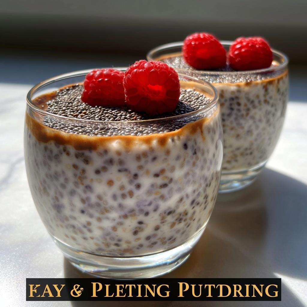 Two glasses of Low Carb Protein Pudding topped with chia seeds, a swirl of caramel, and fresh raspberries.