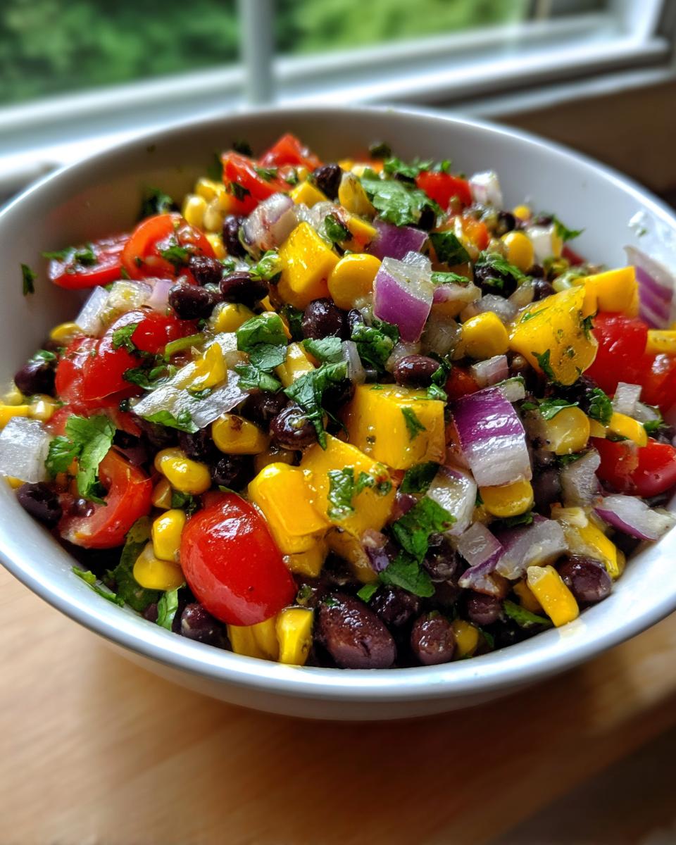 A vibrant bowl of Mango Black Bean Summer Salad with corn, tomatoes, red onion, and cilantro.