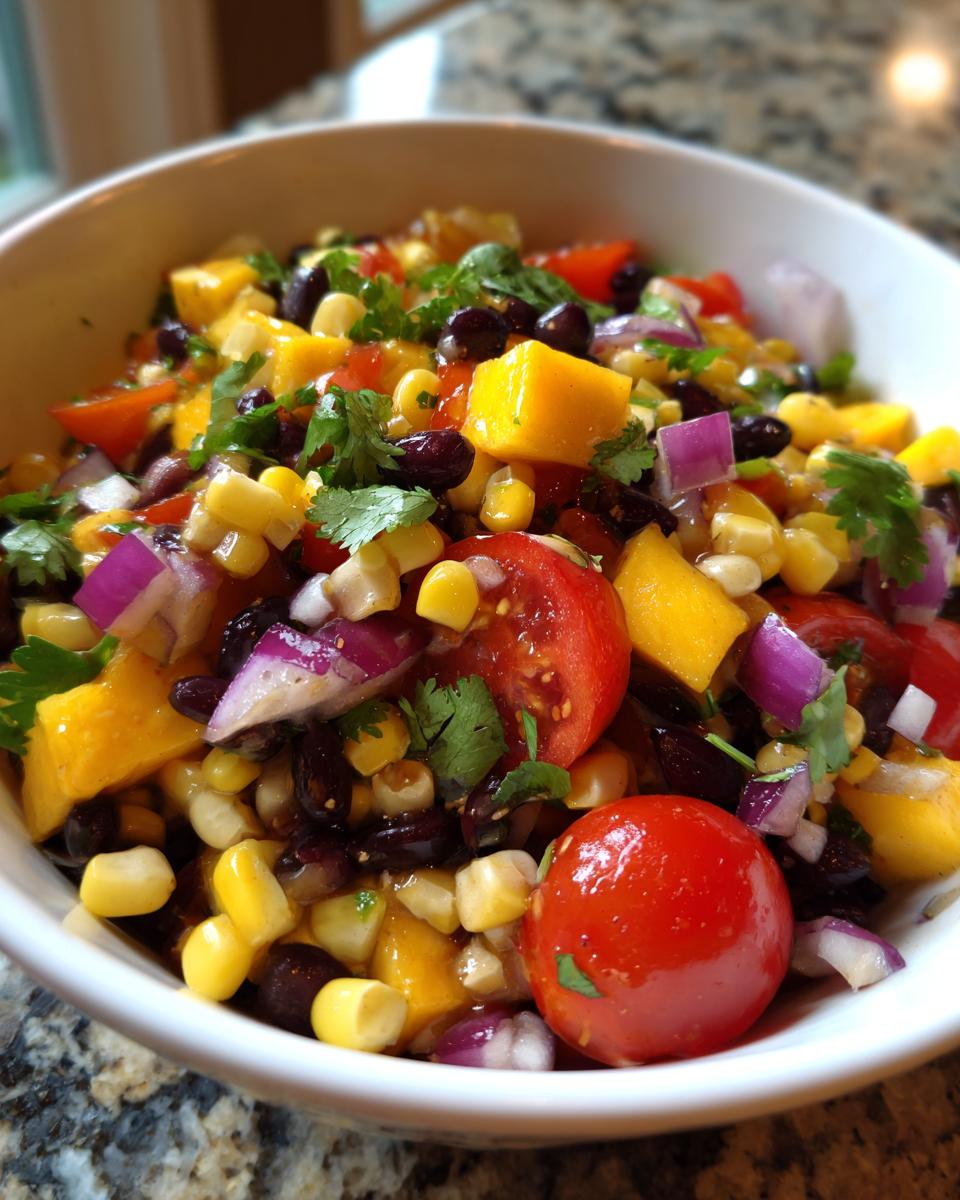 Close-up of a vibrant Mango Black Bean Summer Salad with corn, tomatoes, red onion, and cilantro.