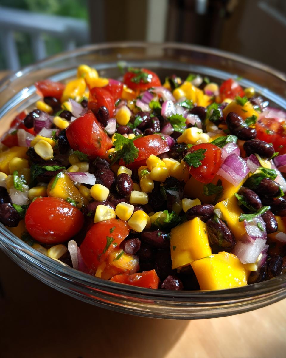 Close-up of a vibrant Mango Black Bean Summer Salad in a glass bowl, featuring black beans, corn, tomatoes, red onion, and mango.