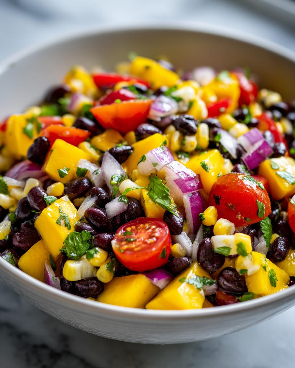 Close-up of a vibrant Mango Black Bean Summer Salad with corn, tomatoes, red onion, and cilantro.