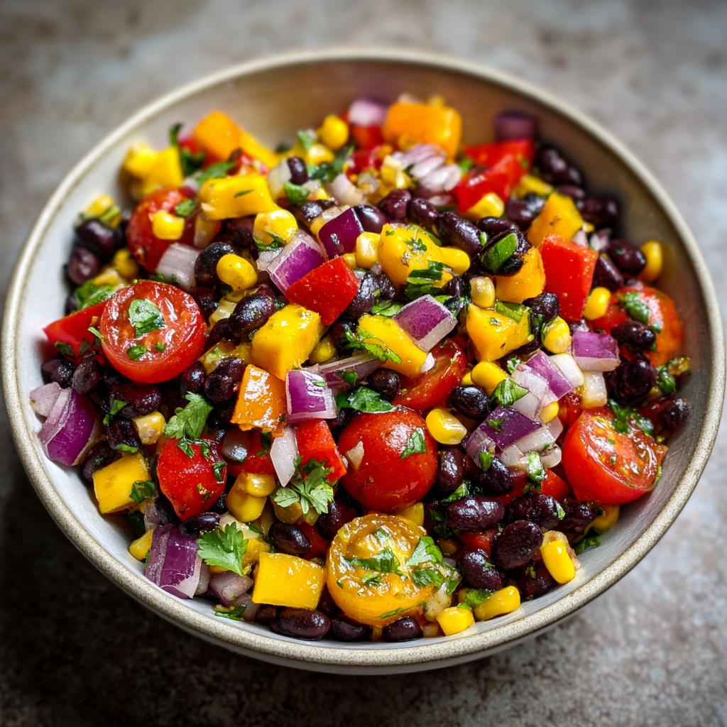 A close-up of a colorful Mango Black Bean Summer Salad in a bowl, featuring black beans, corn, mango, tomatoes, red onion, and cilantro.