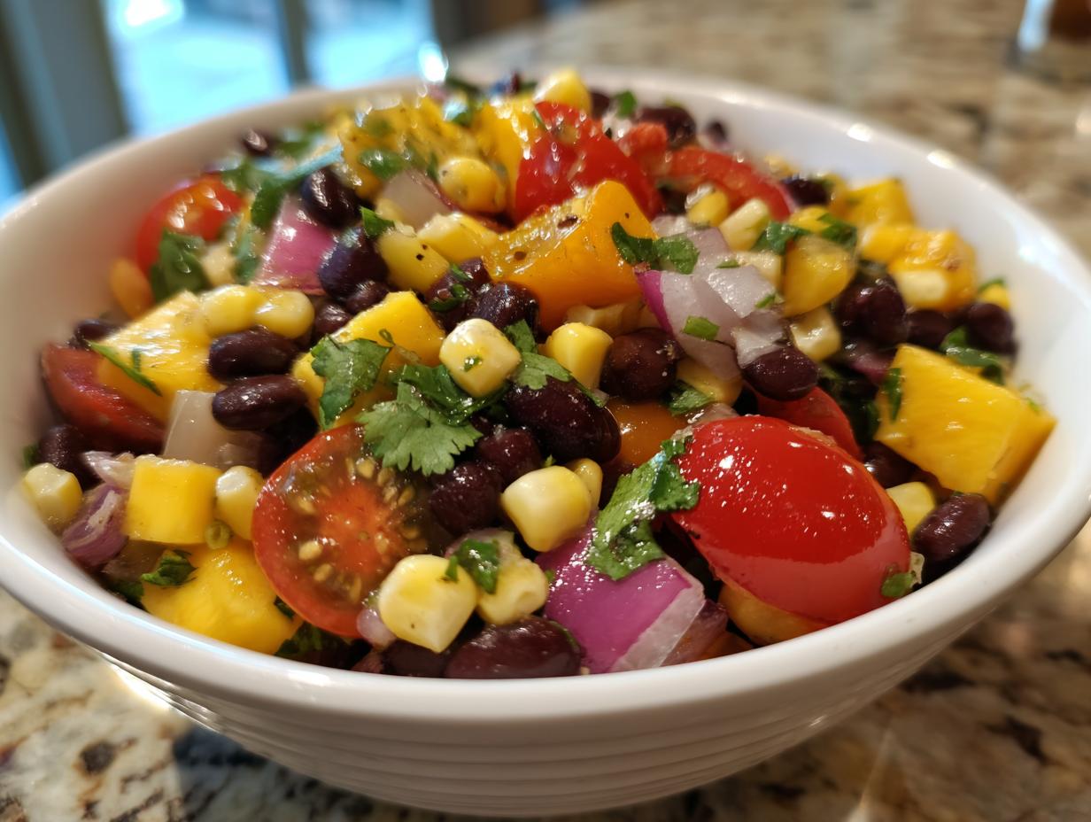 A vibrant bowl of Mango Black Bean Summer Salad, featuring fresh mango, black beans, corn, tomatoes, red onion, and cilantro.