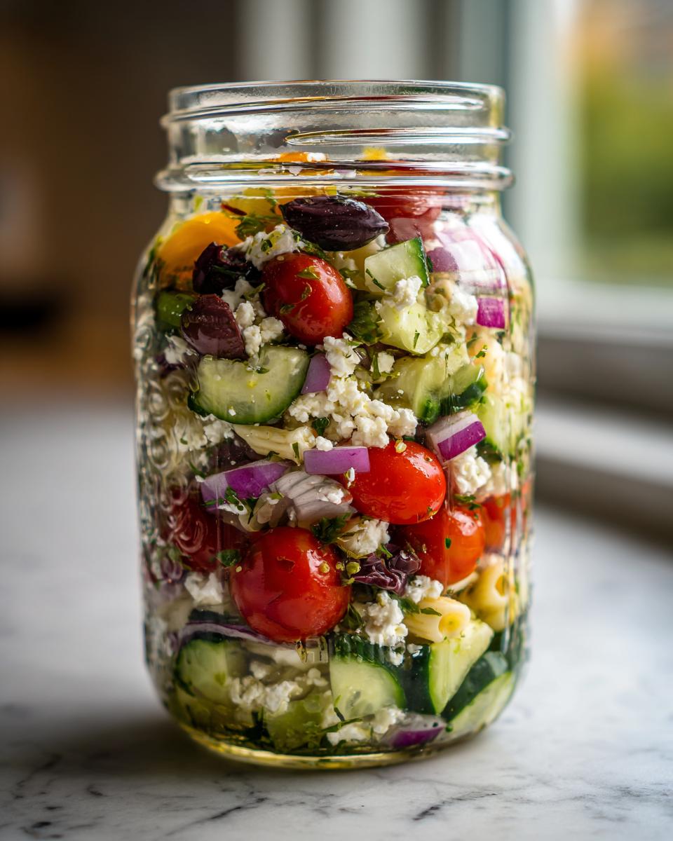 A layered Mediterranean pasta salad in a mason jar, featuring pasta, feta cheese, cherry tomatoes, cucumbers, olives, and red onion.