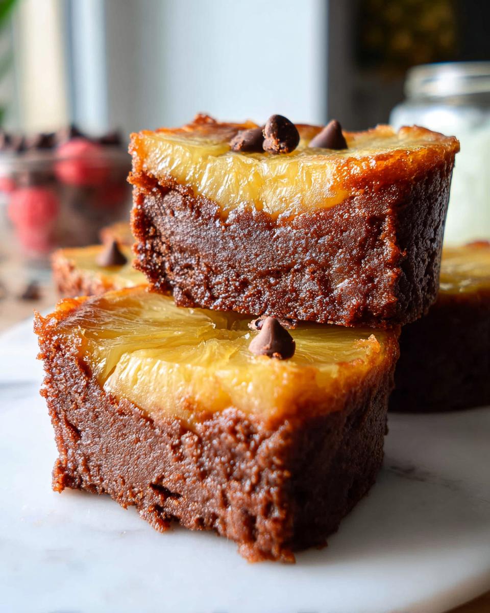 Stack of Mini Pineapple Upside-Down Cheesecakes topped with pineapple slices and chocolate chips.